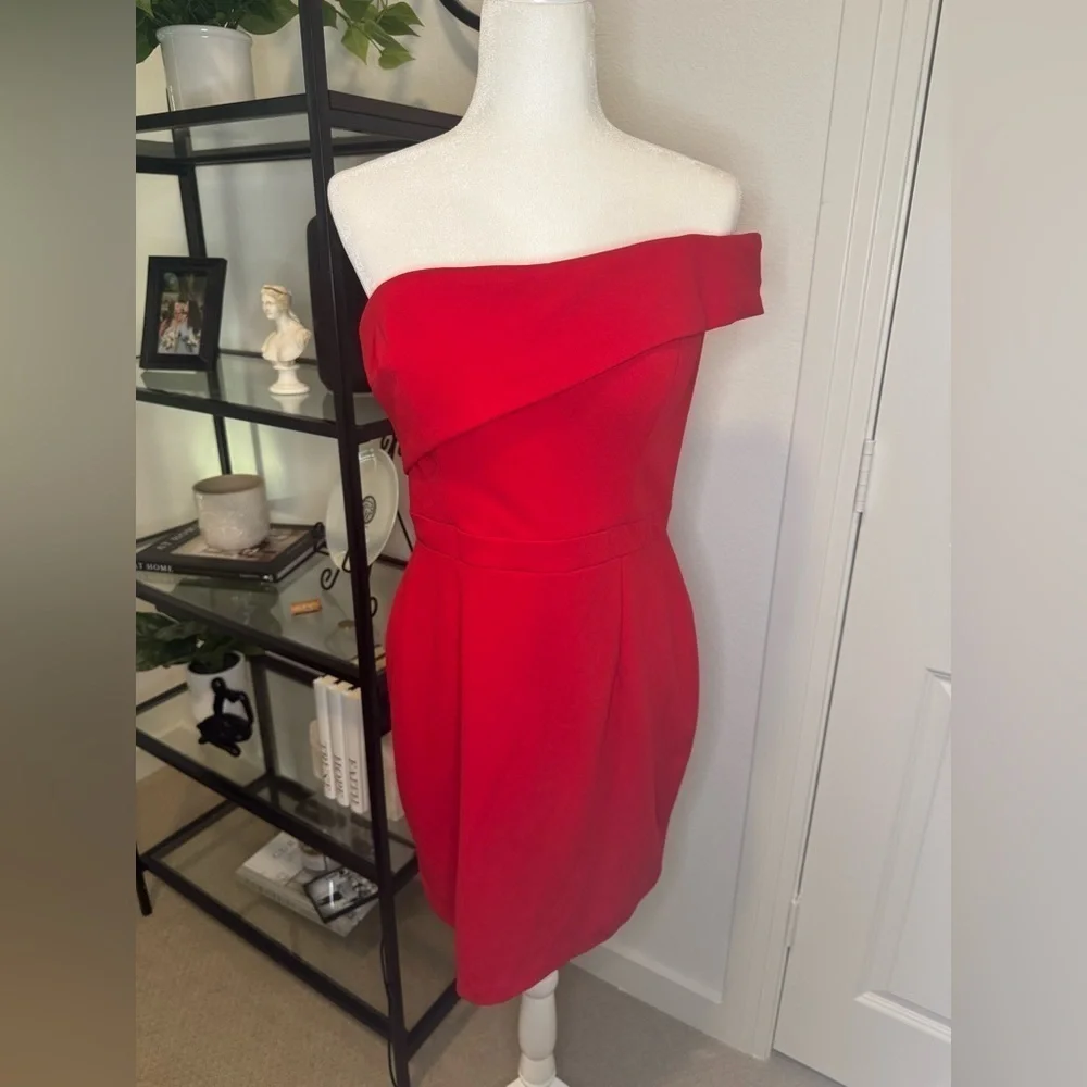 NWT AQUA SCUBA CREPE ONE SHOULDER ASYMMETRICAL MINI SHEATH DRESS RED SIZE 12